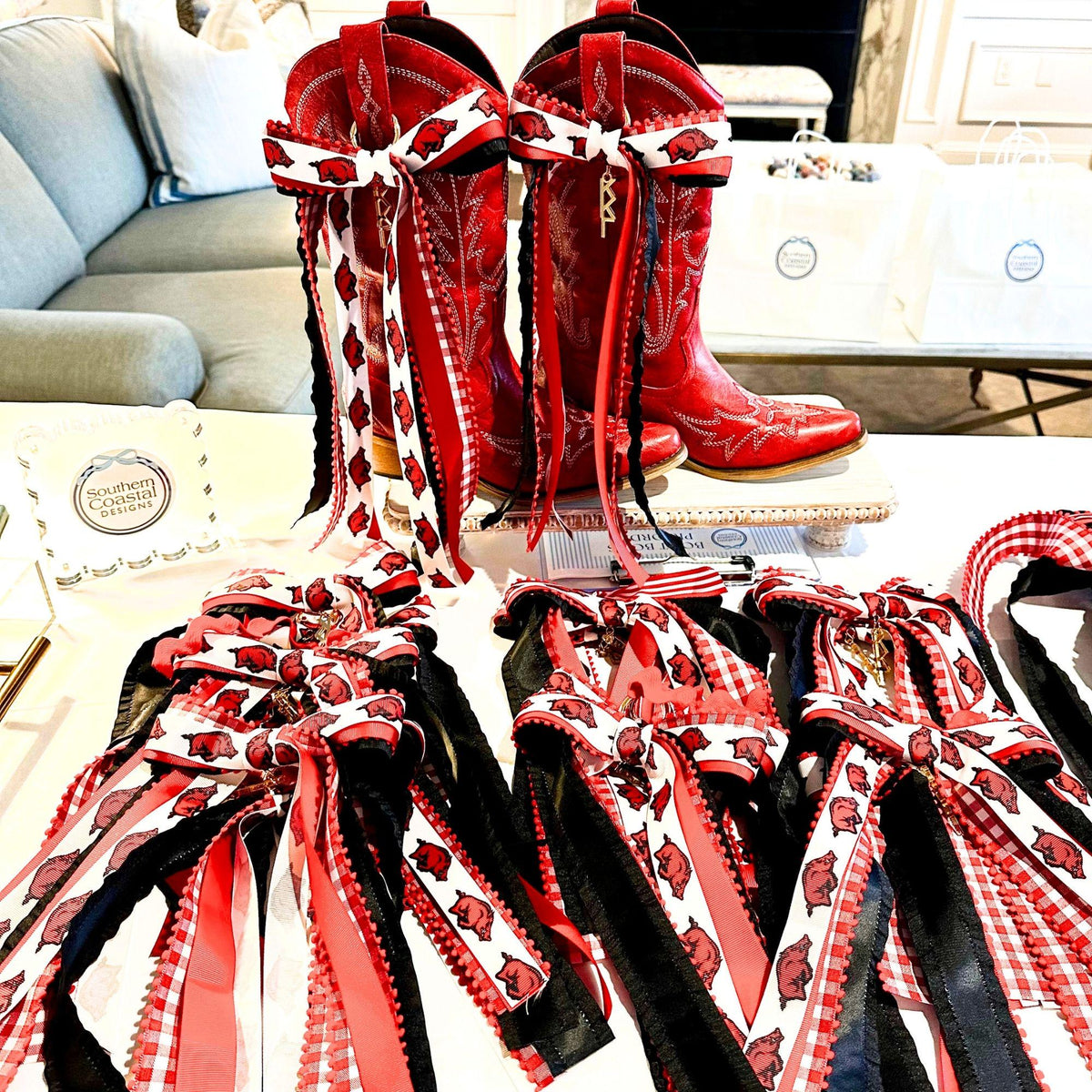 Team Spirit Boot Bow Arkansas Razorback Accessories Red White Ribbon Clip Cowboy Boot Charm Game Day Tailgate Style Western Fashion Statement Handmade College Football Fan Gear University Arkansas Pride Display Clip On Design Sports
