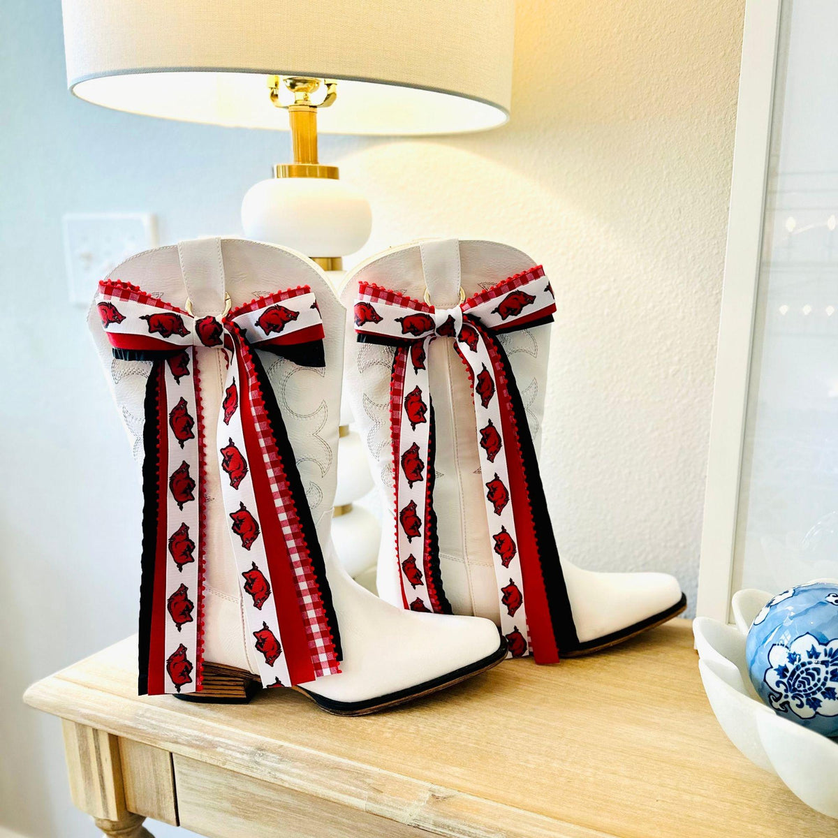 Razorback Game Day Boot Accessories Red Gingham Ribbon Bow Clip Cowboy Boot Charm Western Style Team Spirit Display Arkansas Football Tailgate Fashion Handcrafted Boot Decoration College Sports Fan Gear University Pride Accessory Clip On