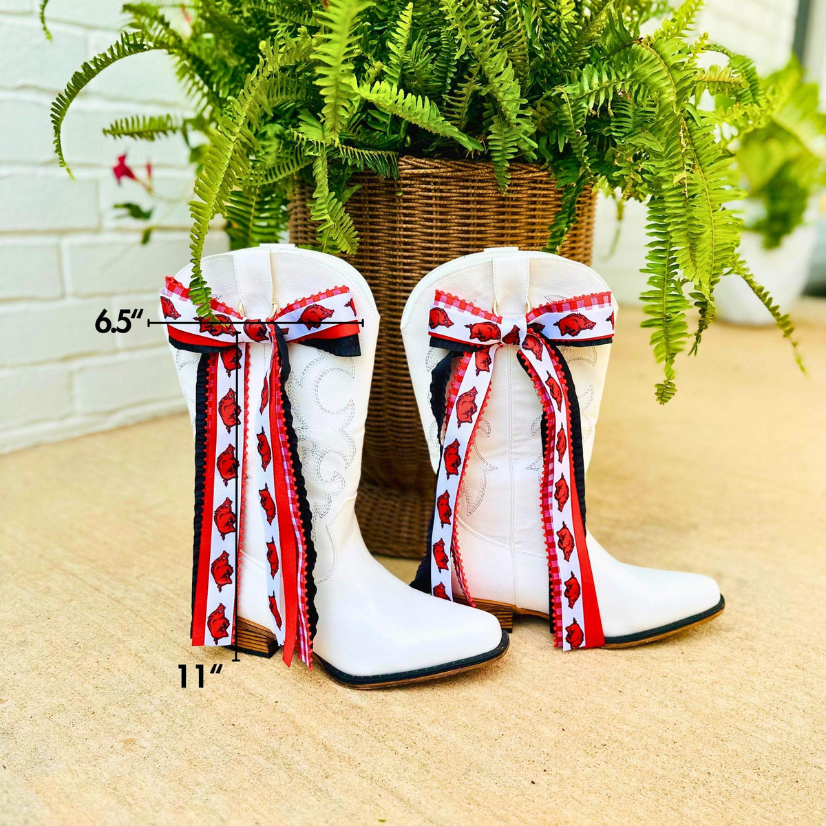 Cowboy Boot Bow Clip Arkansas Razorback Team Colors Red White Ribbon Accessory Game Day Fashion Statement Tailgate Party Boot Decoration Western Style Fan Gear Handmade College Football Accessories University Arkansas Pride Display Clip On